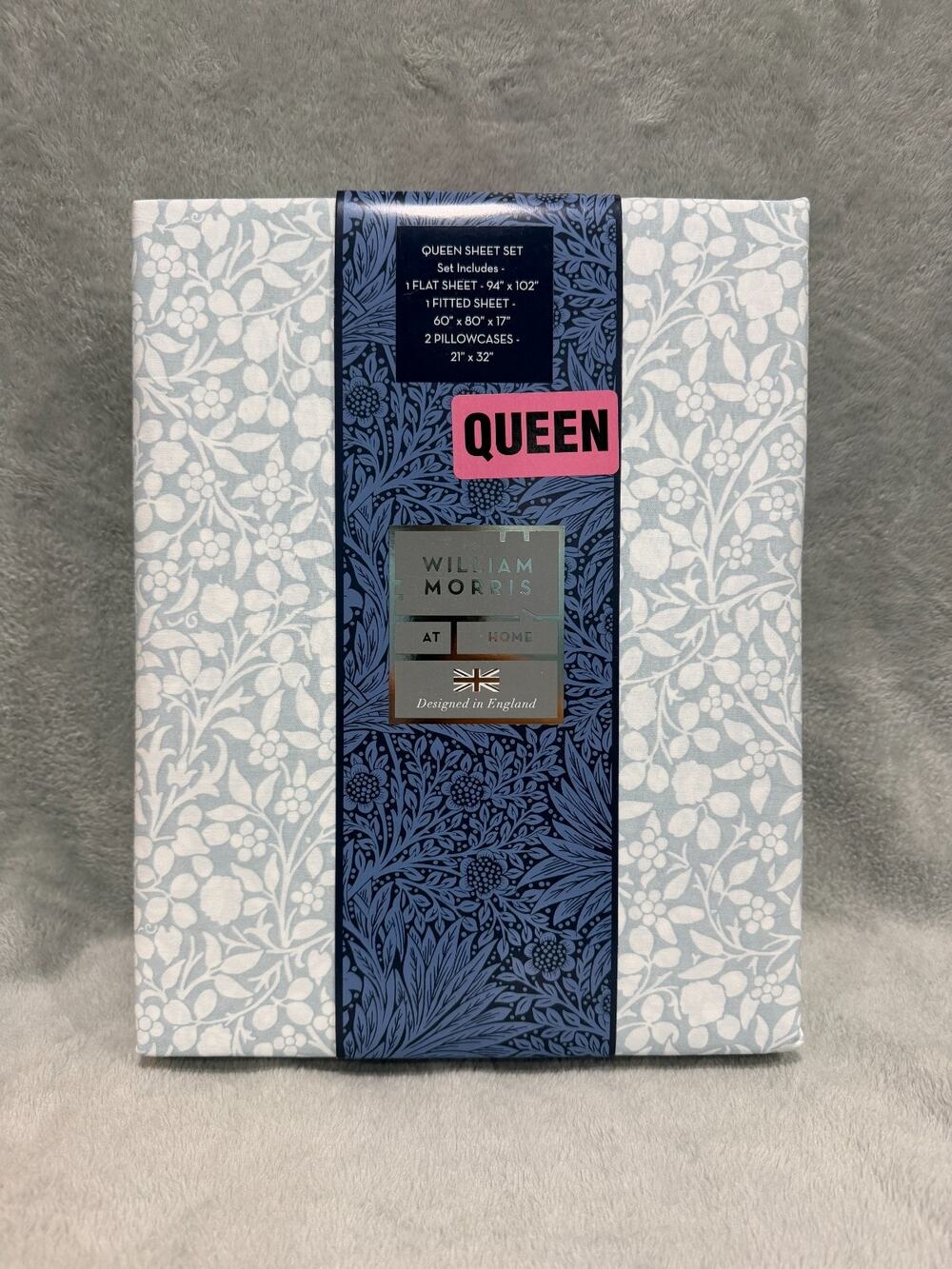 William Morris At Home Queen Sheet Set 4pc Tonal Clover Soft Blue Percale Cotton
